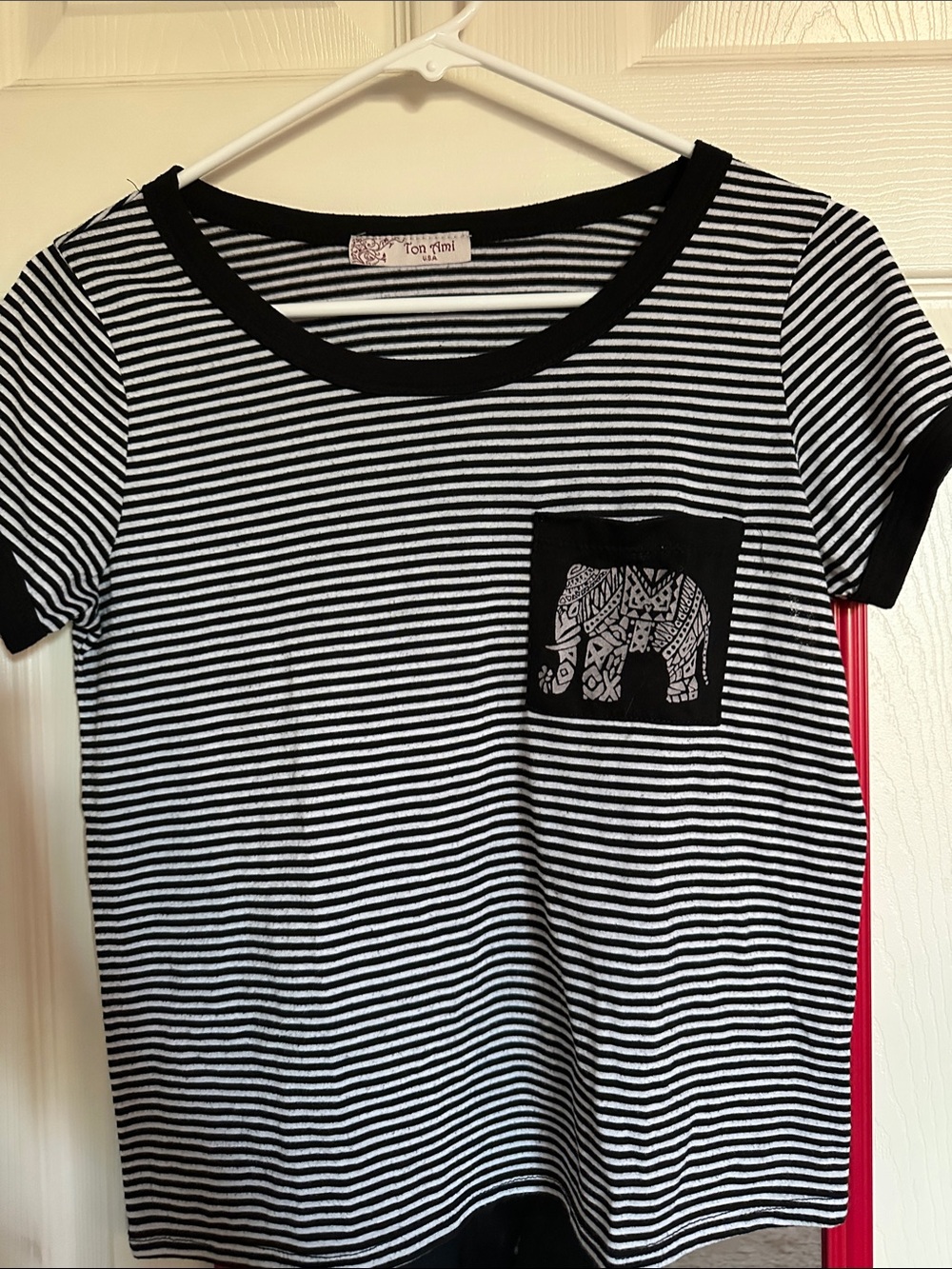 Black & White Striped Short Sleeve Tee with Elephant Pocket
